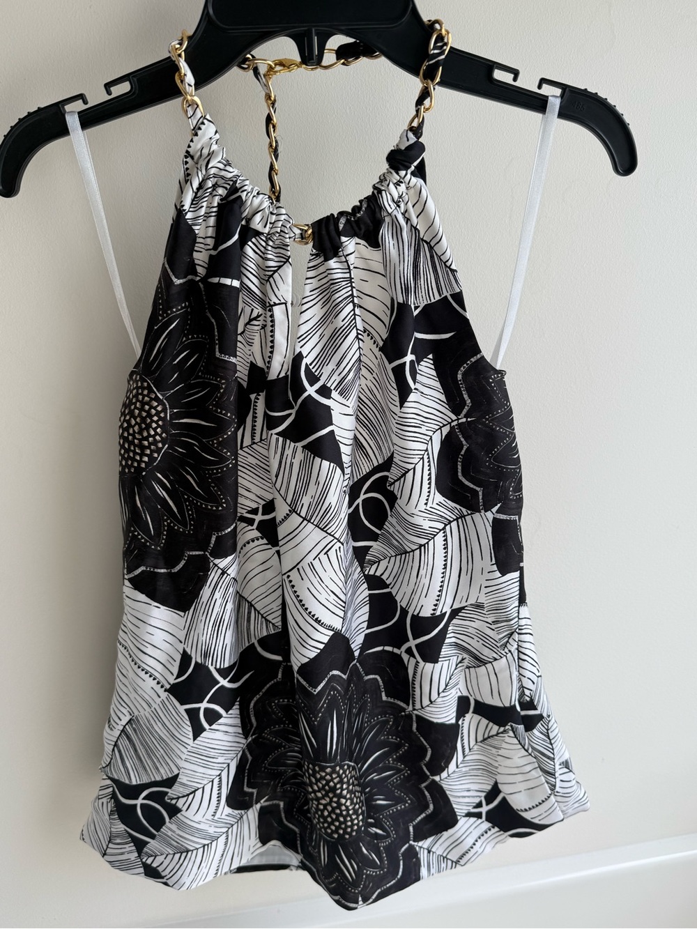 White House Black Market Black & White Floral Halter Cami with Chain Detail